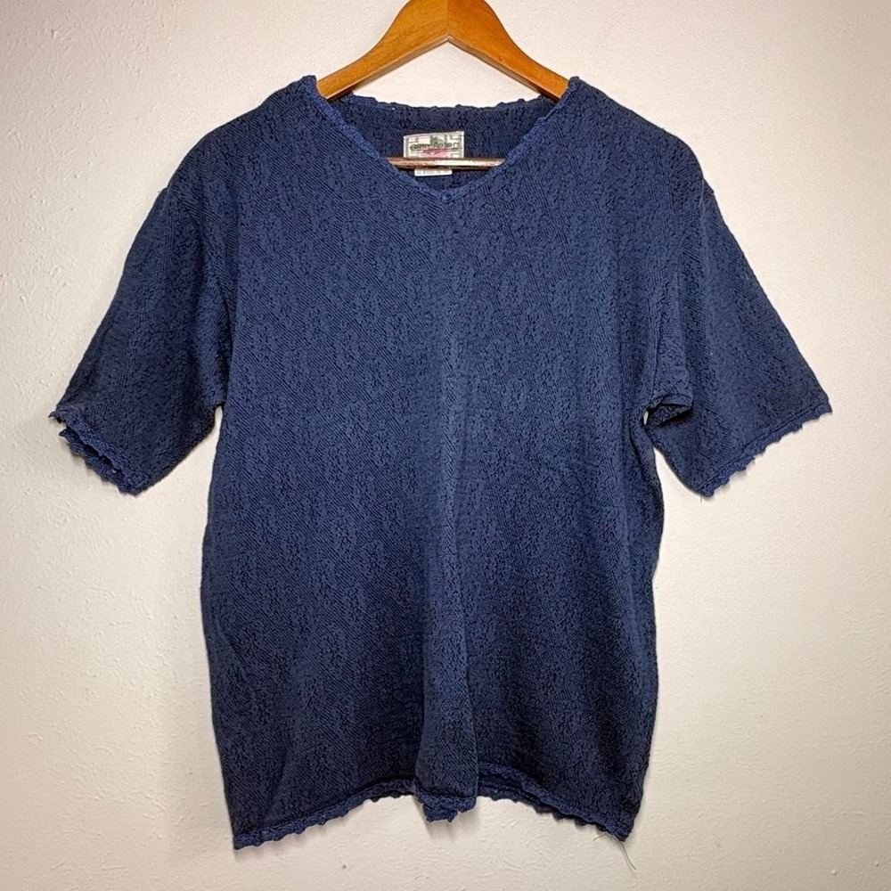 Vintage 90s Gina Peters Blue Knit V-Neck Short Sleeve Top Sweater Sz M